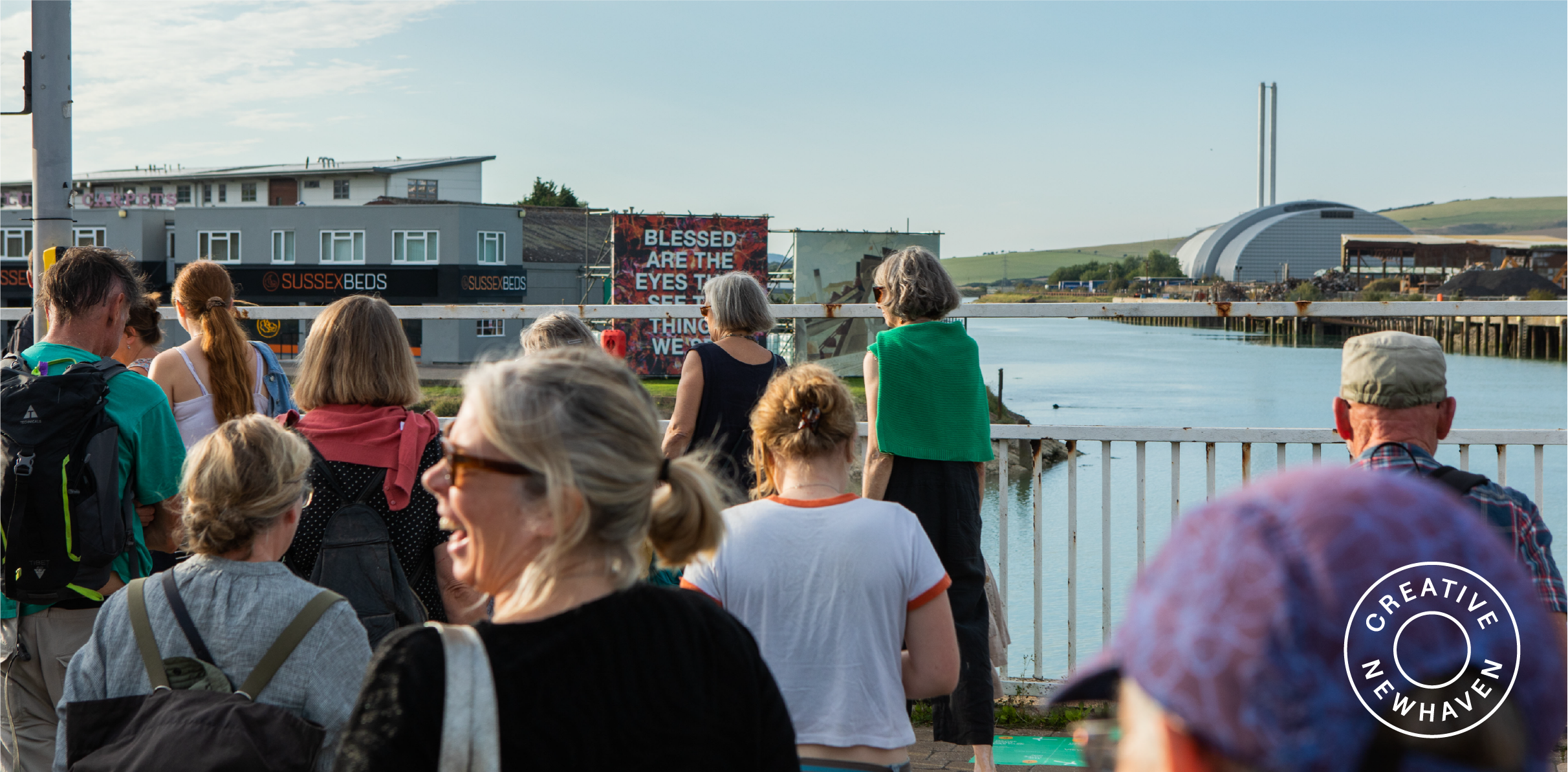 Photo by Phoebe Wingrove, Featuring artwork by Mark Titchner and Eric Ravilious showing Creative Newhaven watermark designed by Two Pens