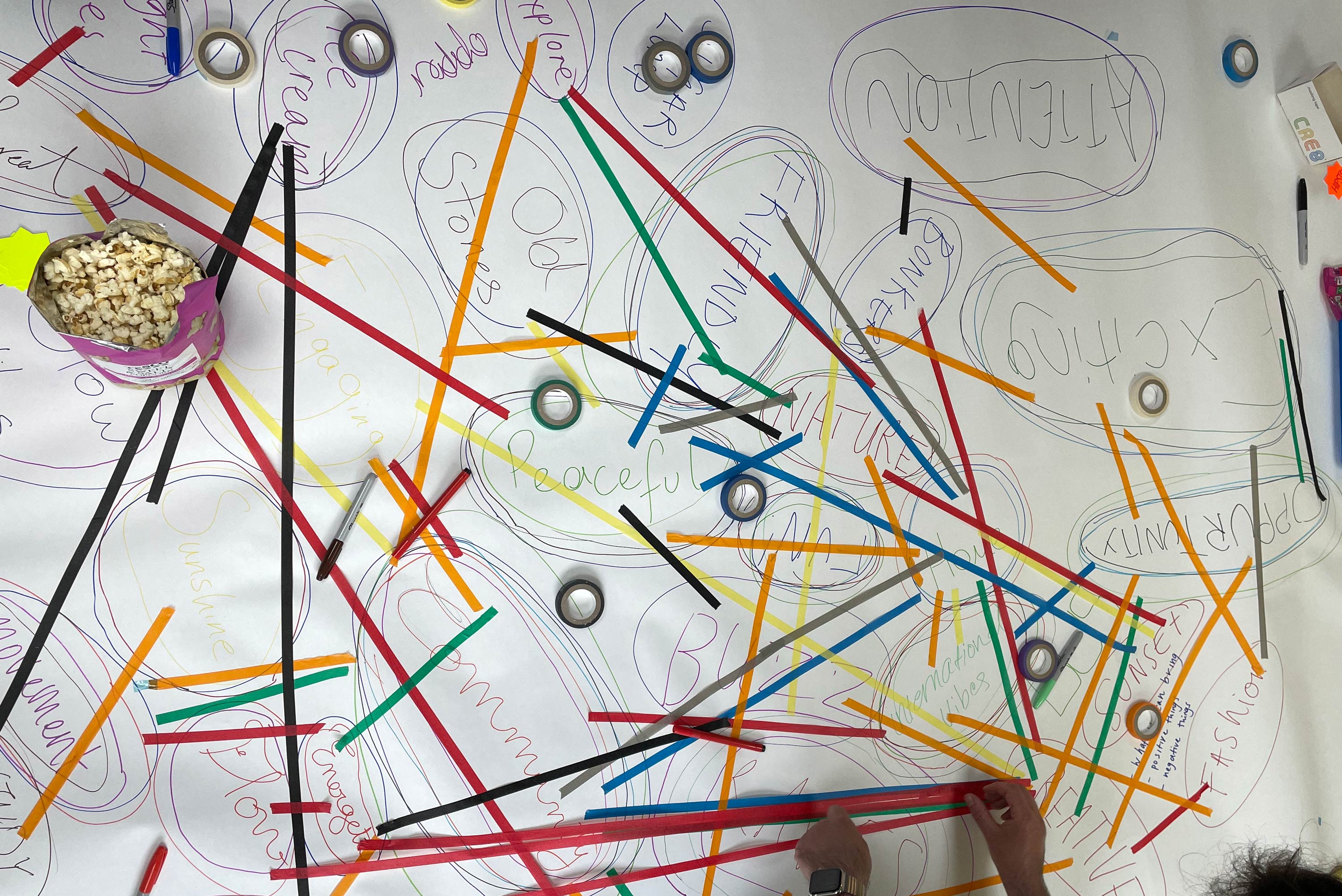 The table after the workshop, each word added to the table was then connected by tape to decide the two most important ideas. The result was 'Nature Rave'  