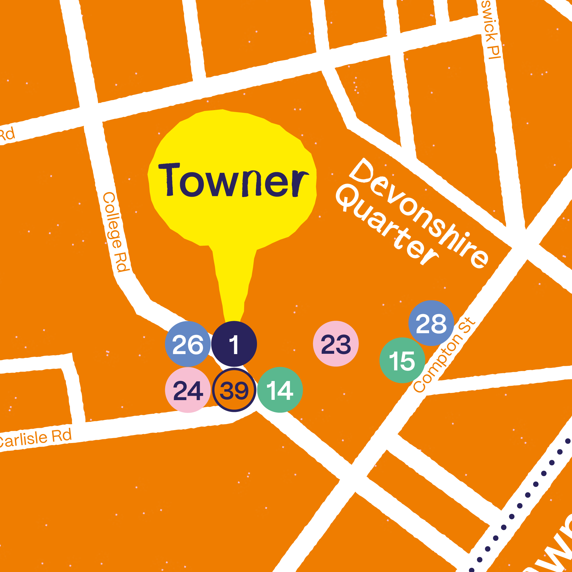 Custom icon design for Towner Eastbourne on Eastbourne ALIVE custom print design public art trail paper map