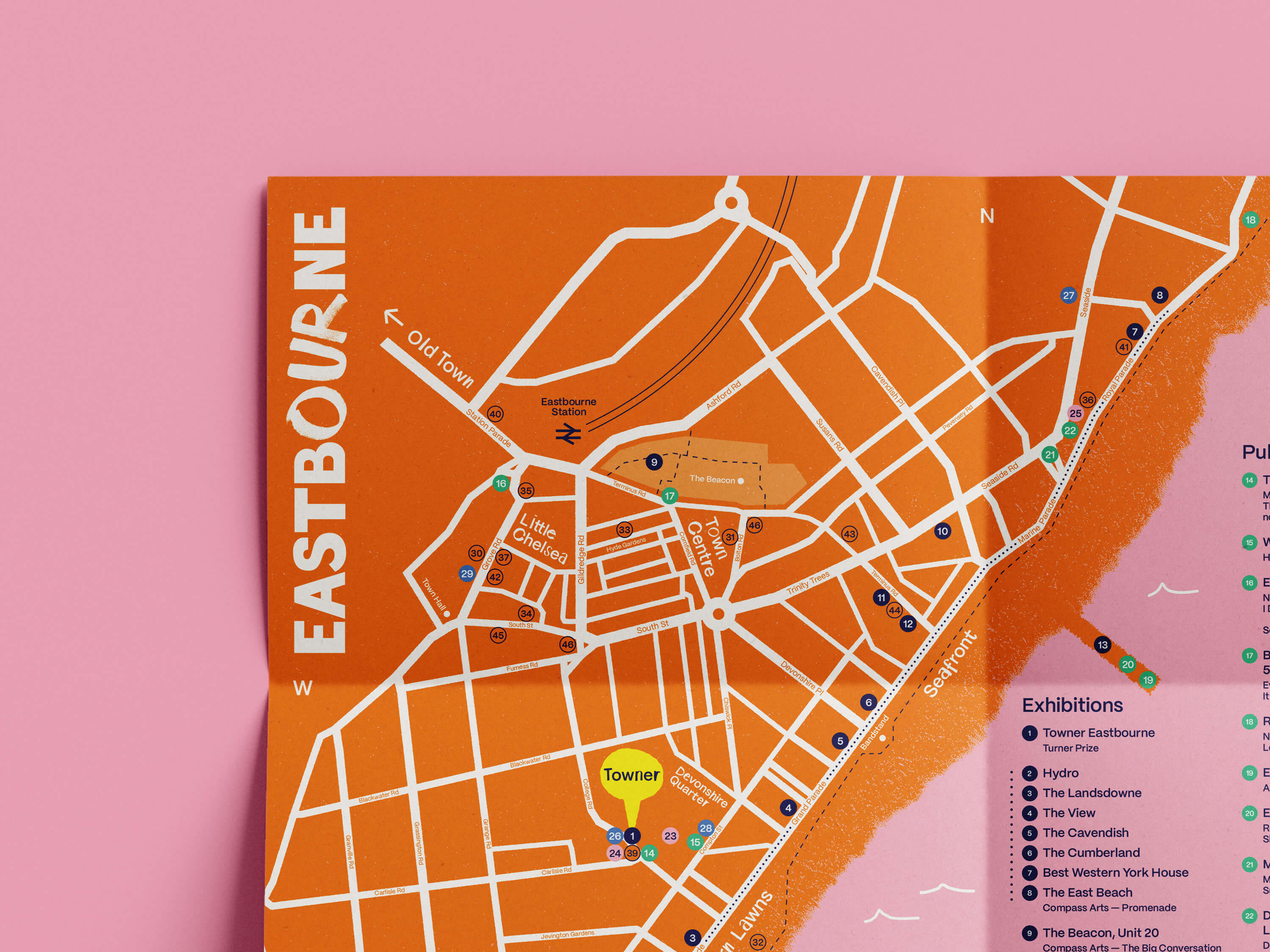 flatlay close up of Eastbourne ALIVE custom print design public art trail paper map
