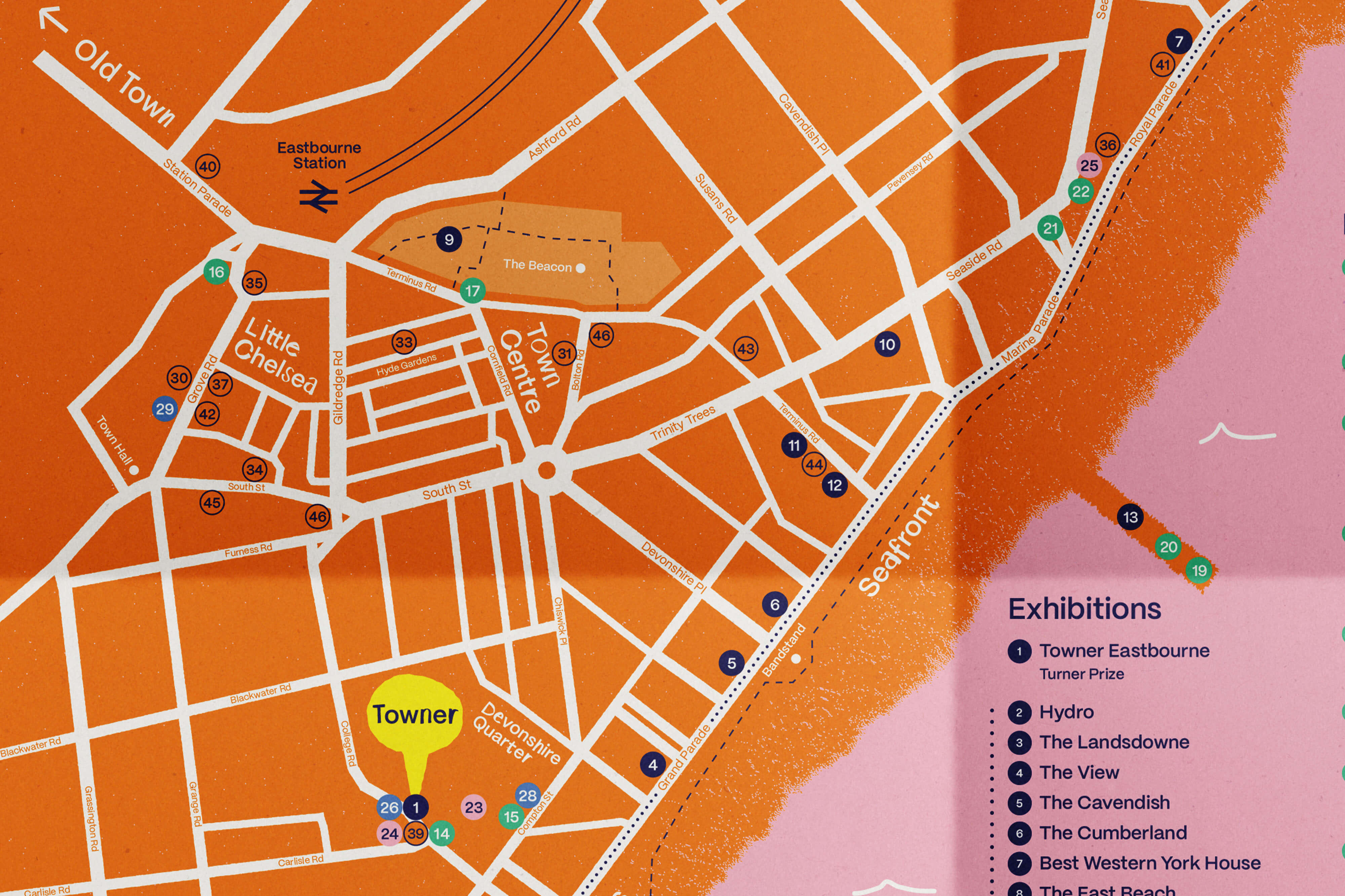 flatlay of Eastbourne ALIVE custom print design public art trail paper map