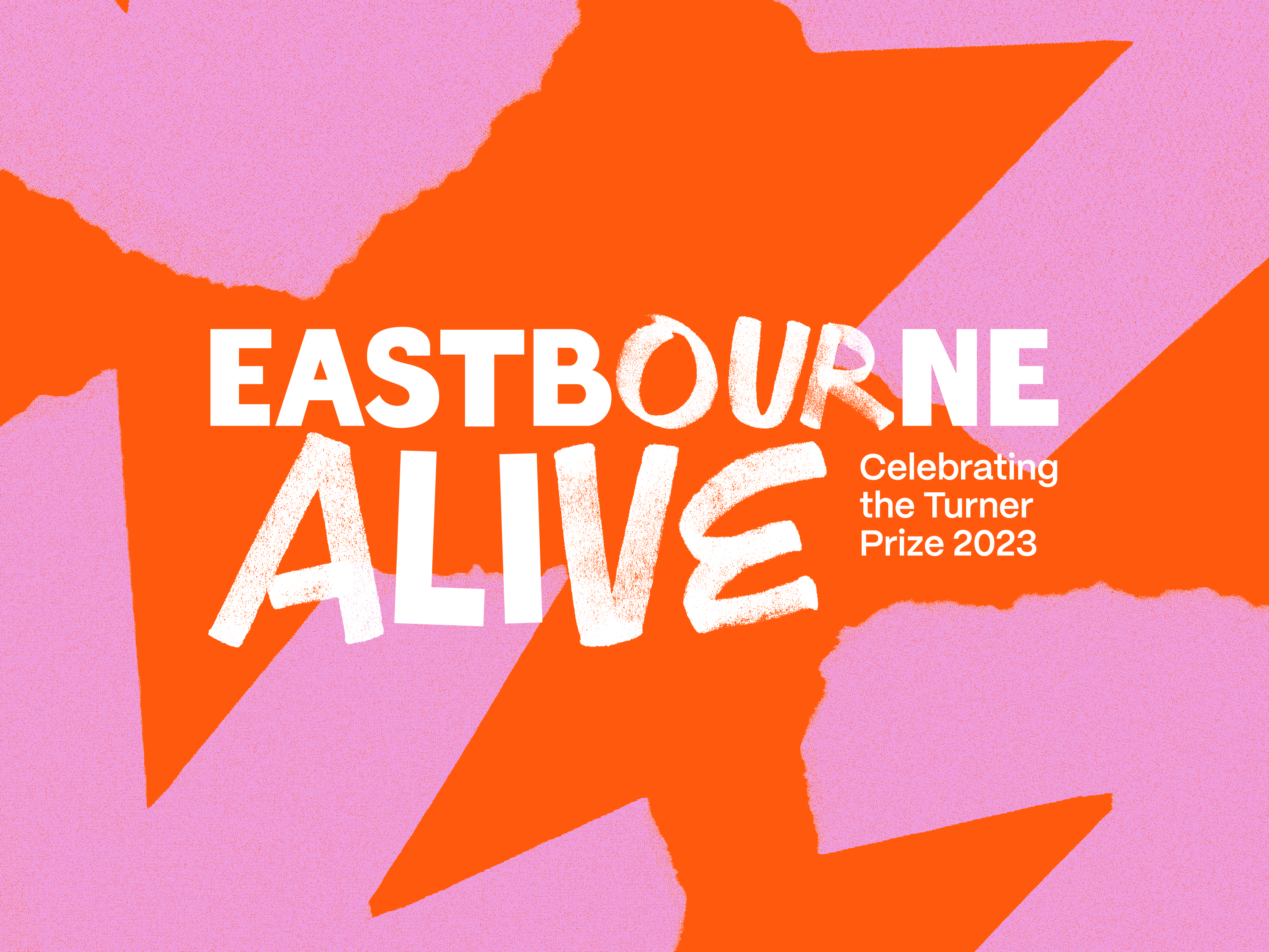 Primary Eastbourne Alive logo shown on a orange background with a pattern of pink torn shapes, designed by Two Pens