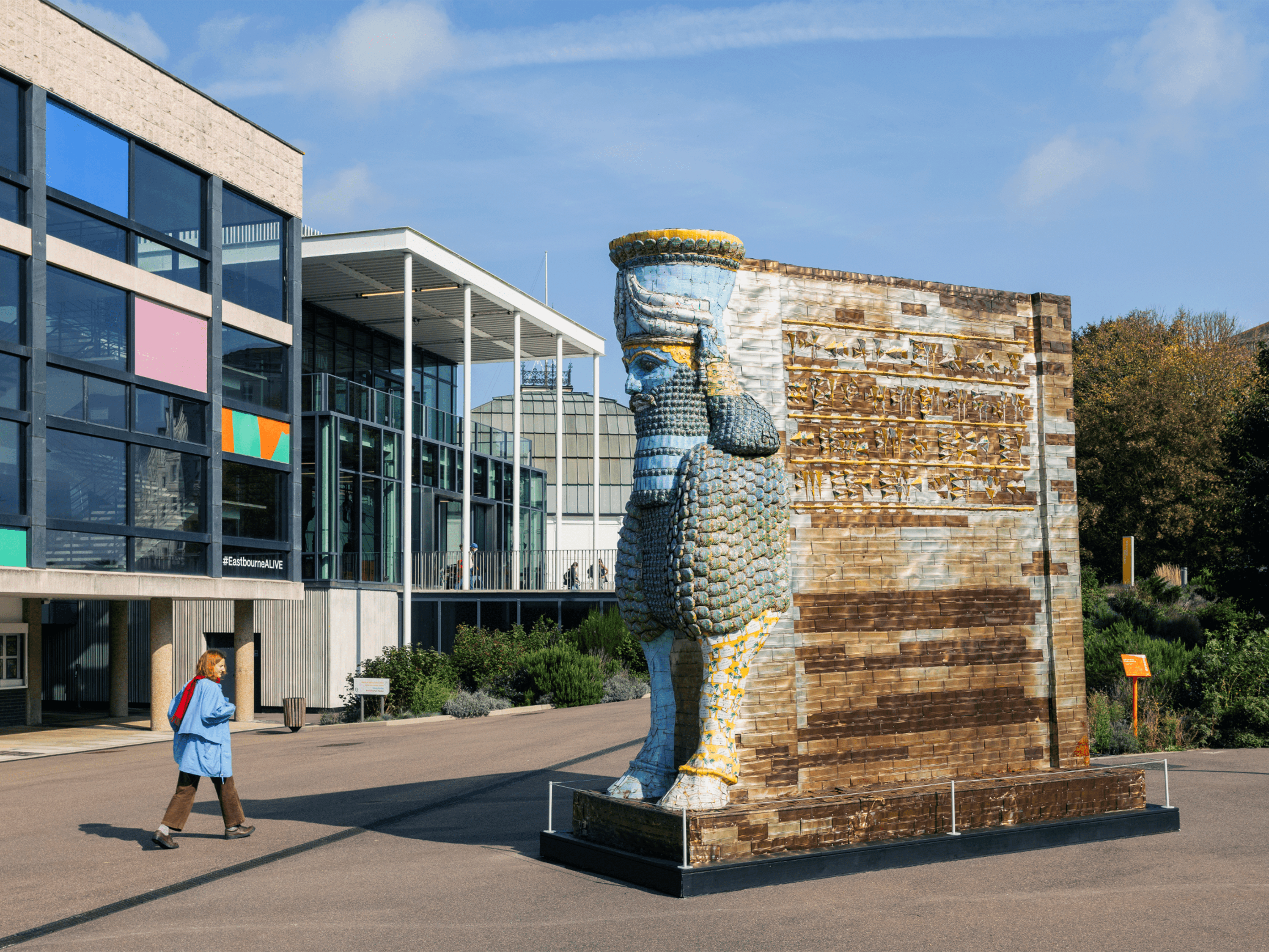 The Congress Theatre bespoke window vinyls along side Michael Rakowitz's artwork in front of Towner Eastbourne