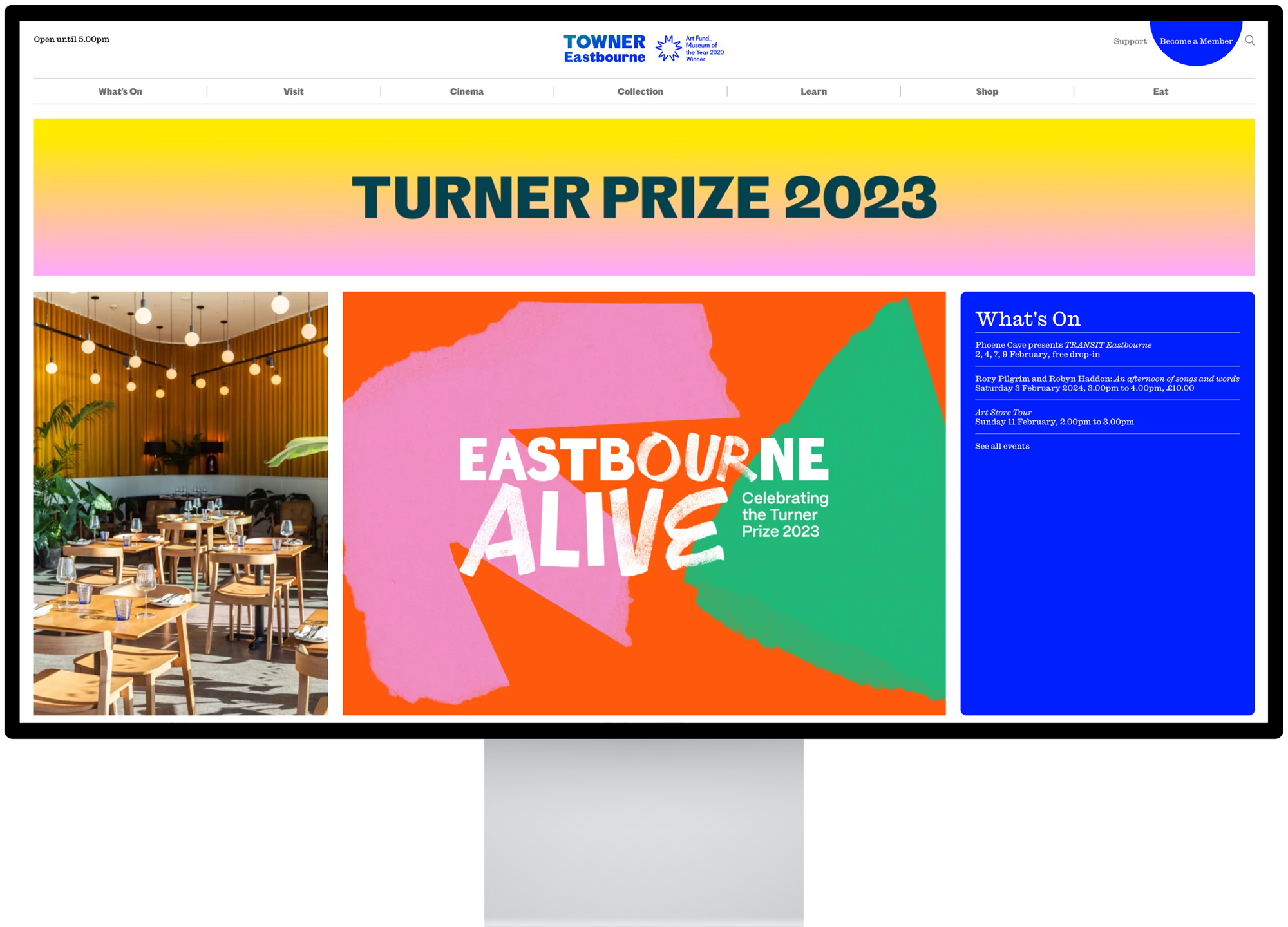 Eastbourne Alive logo on two coloured shapes being shown within the Towner Eastbourne website home page