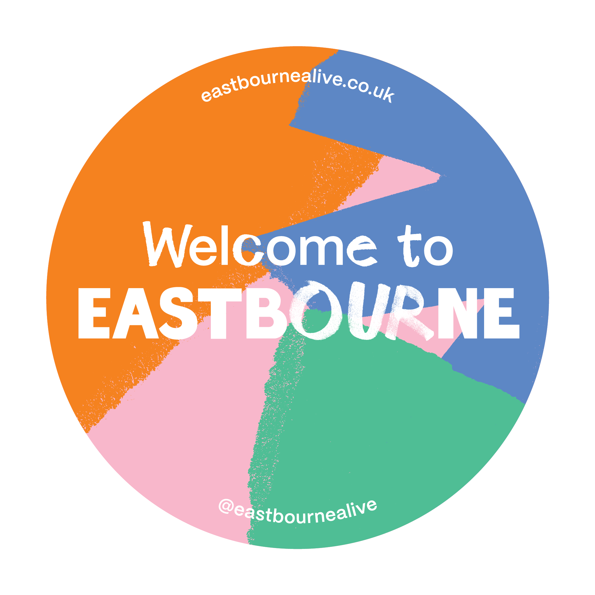 Circular design saying 'Welcome to Eastbourne' used in Eastbourne Train station