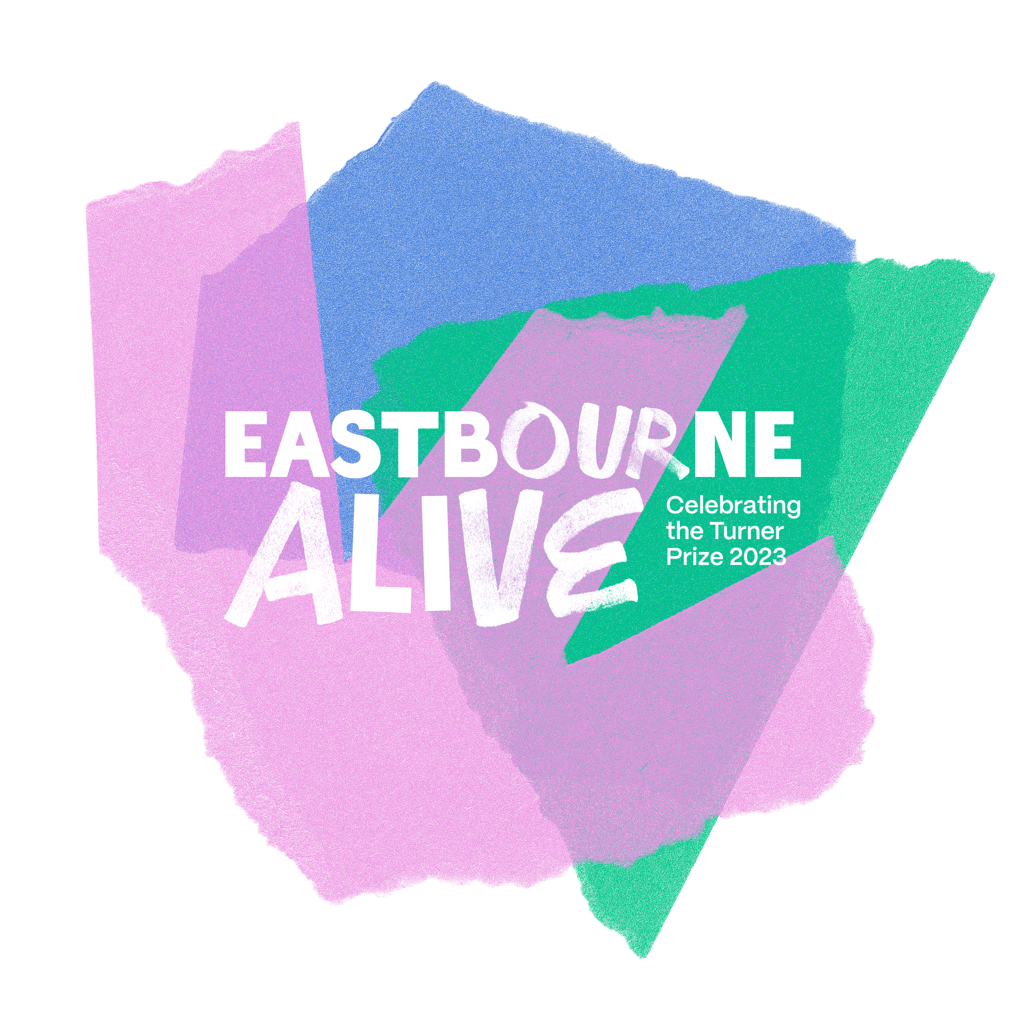 Primary Eastbourne Alive logo with torn paper shapes positioned behind, logo designed by Two Pens