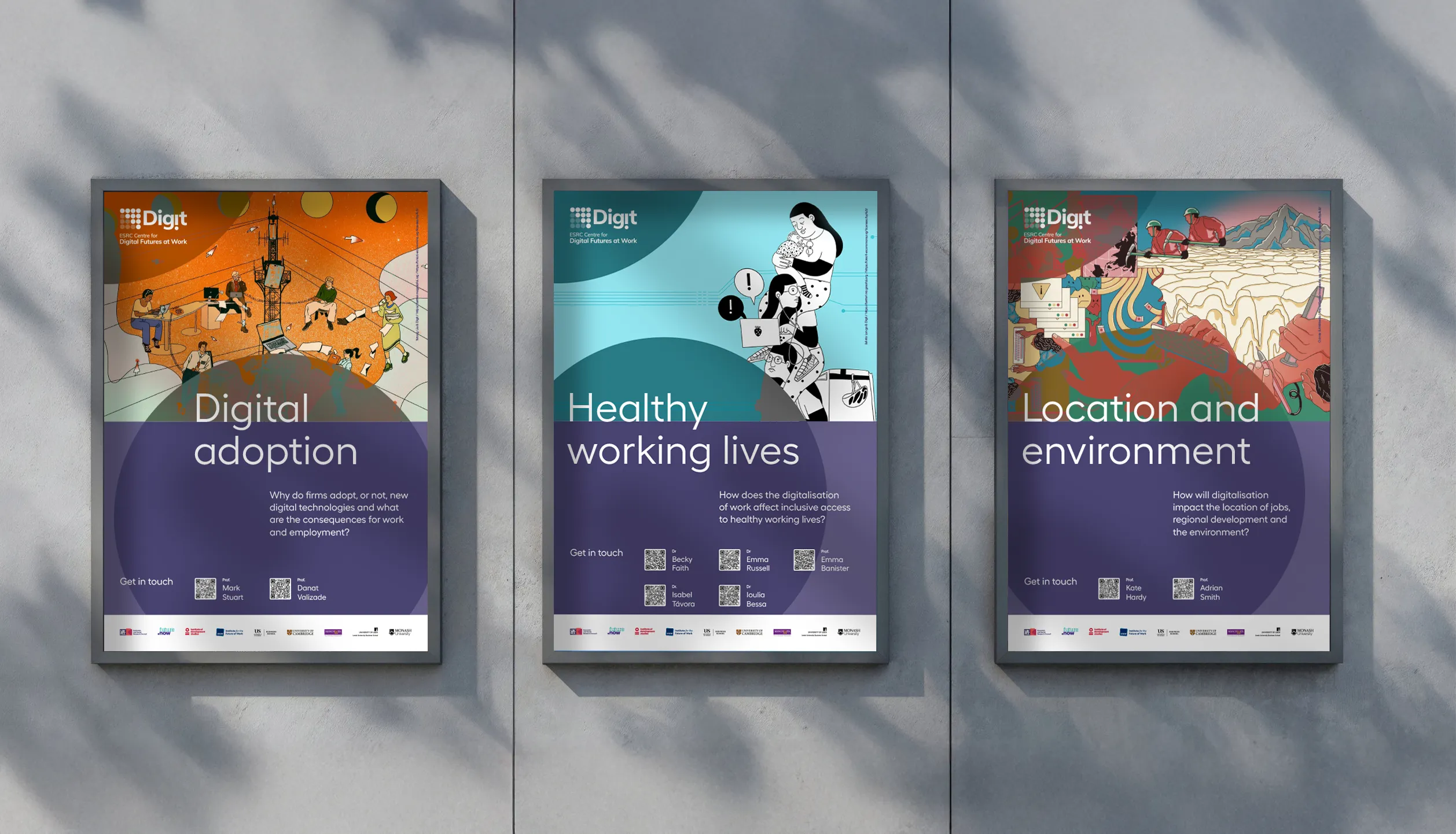 Set of three posters displayed on a concreate wall showing Digitl CoLab research subjects