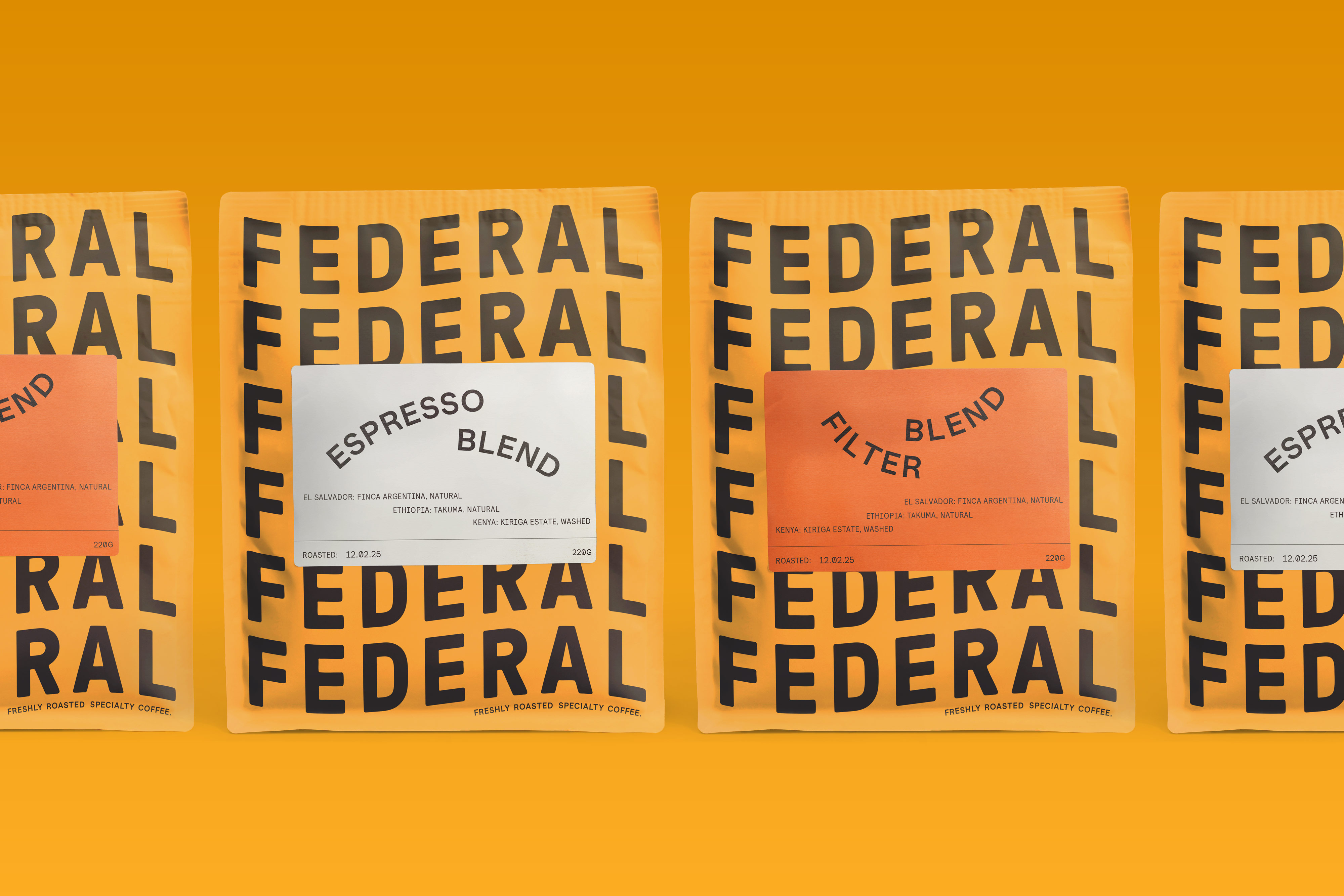 Yellow Federal coffee packaging on a dark yellow background