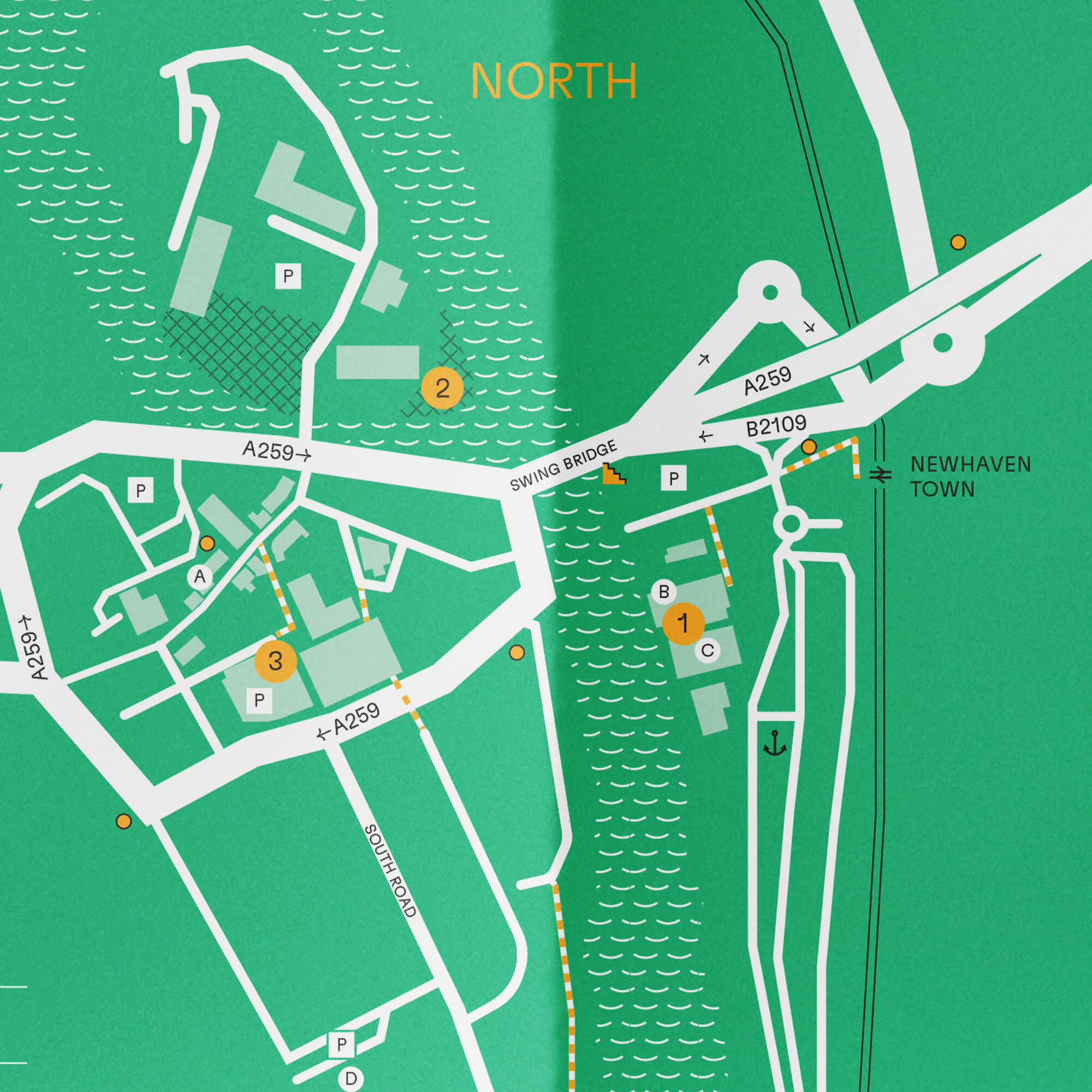 close up of unfolded inside of Following Ravilious Newhaven public art trail map 