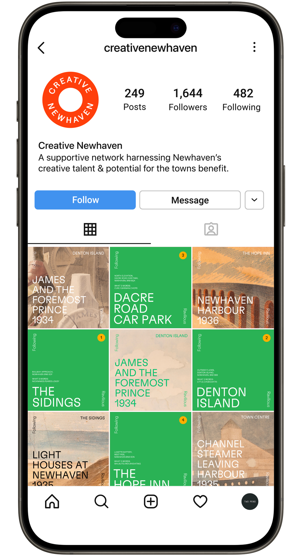 Following Ravilious Newhaven public art trail Canva templates for social media shown on Creative Newhaven Instagram profile