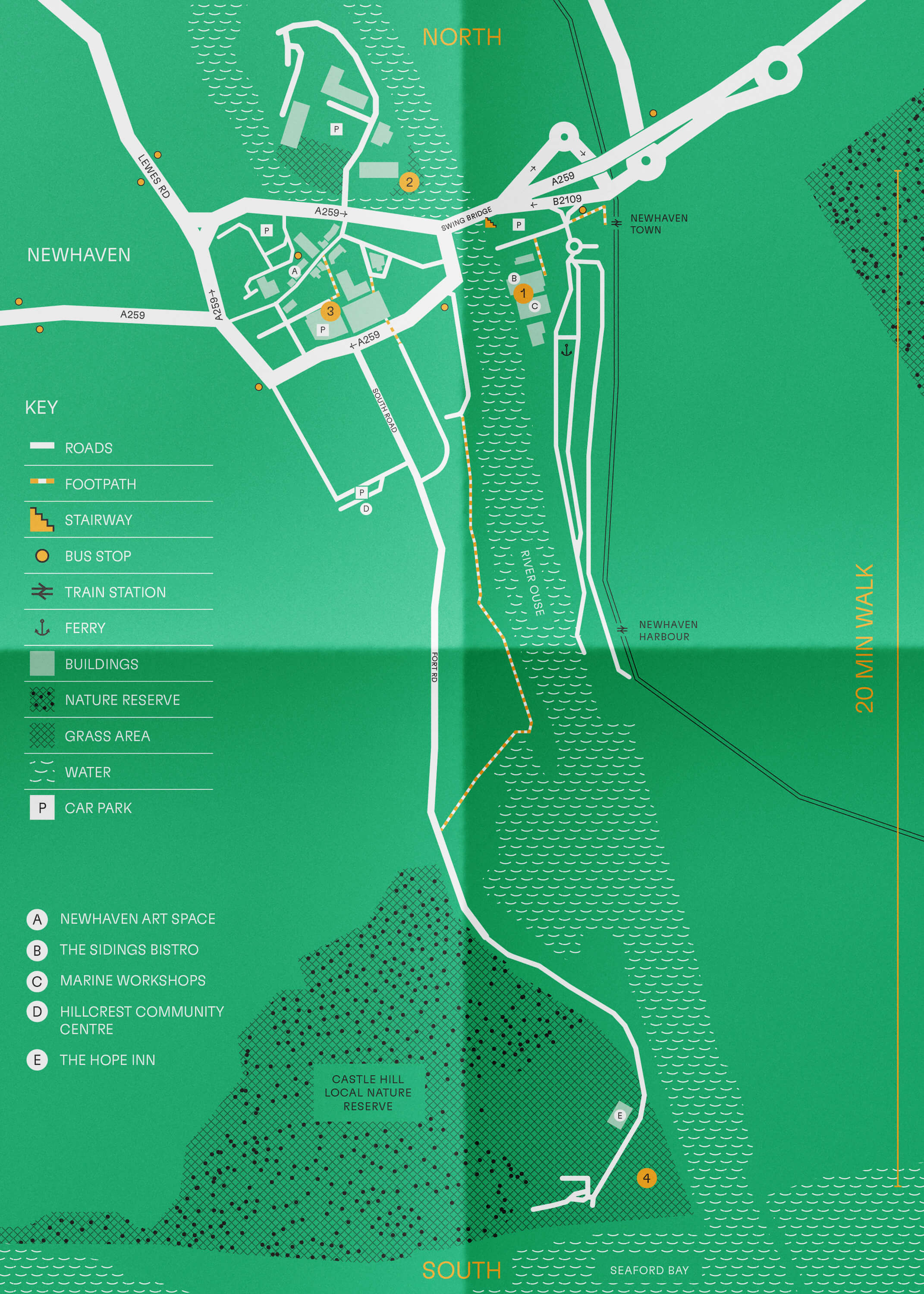 close up of unfolded inside of Following Ravilious Newhaven public art trail map 