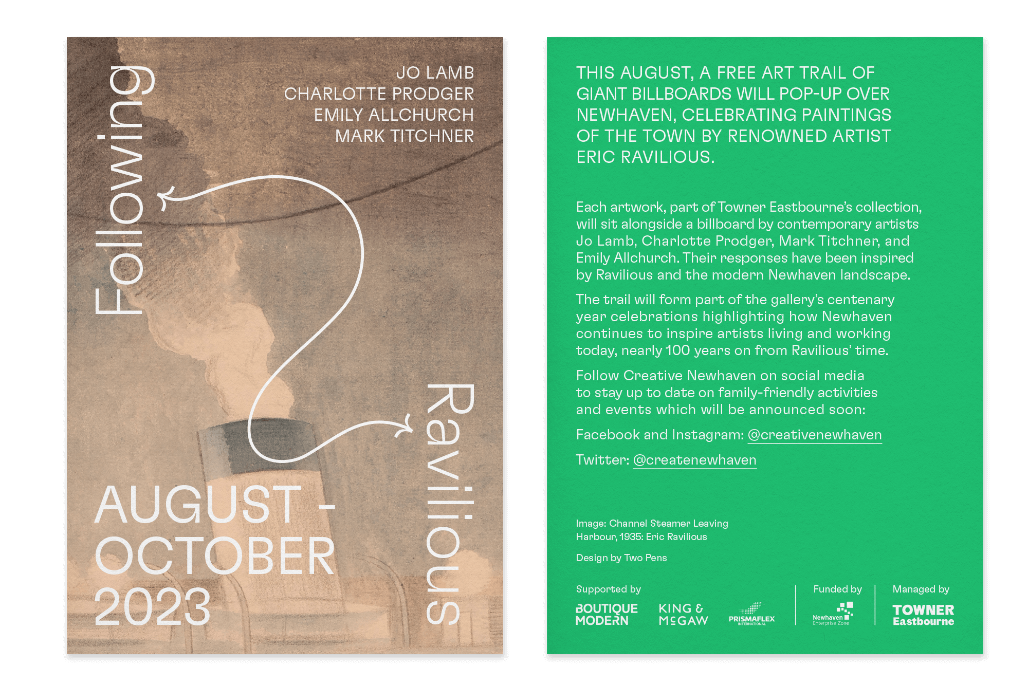 Front and back of A6 flyer print design for Following Ravilious Newhaven public art trail